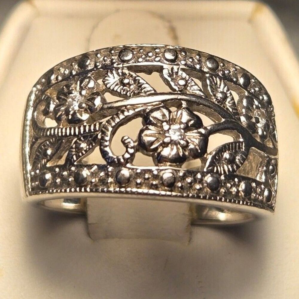 Floral Filigree Vintage Sterling Silver Sz 7